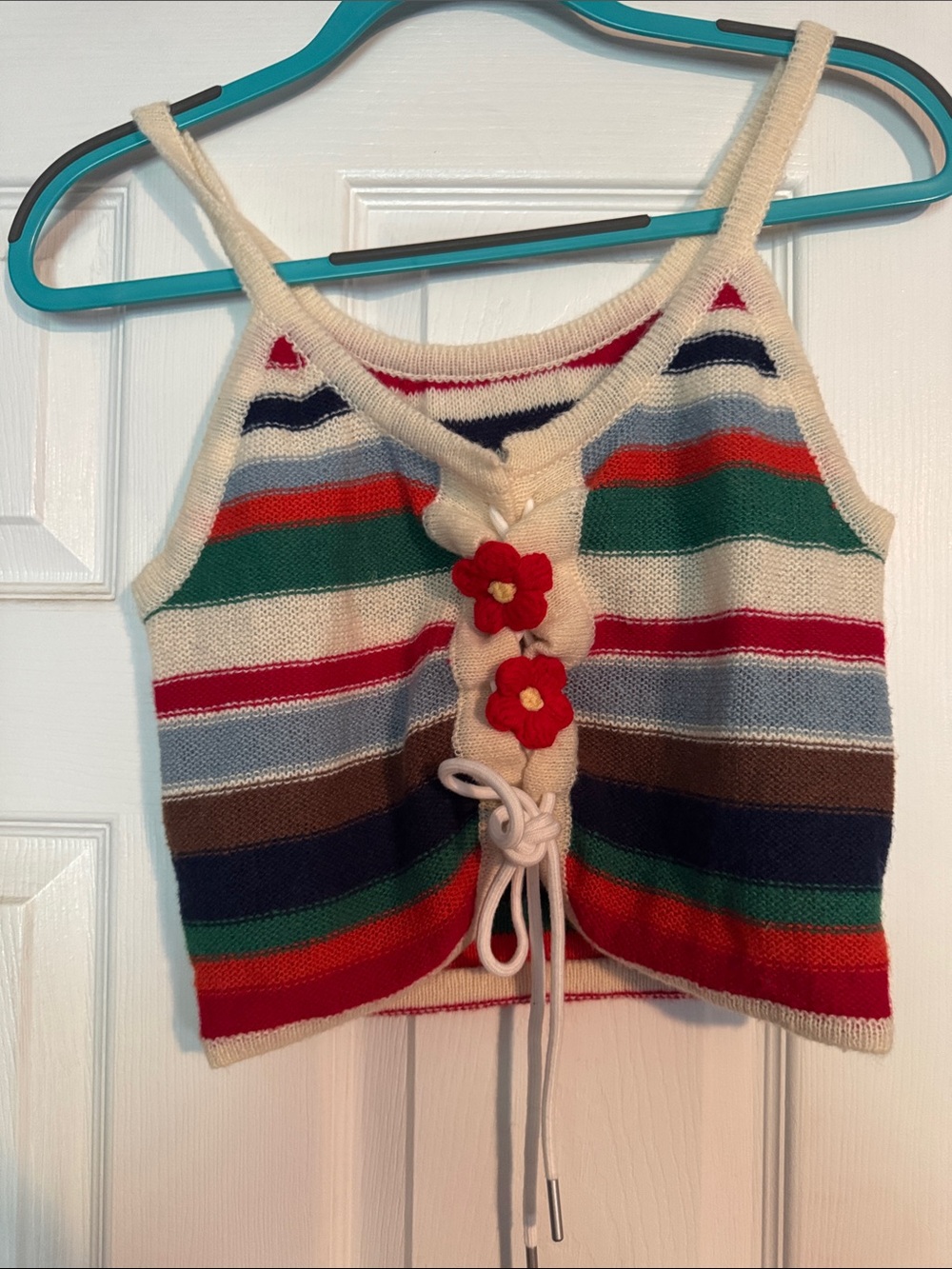 SHEIN Cream Striped Knit Crop Top with Red Flower Accents